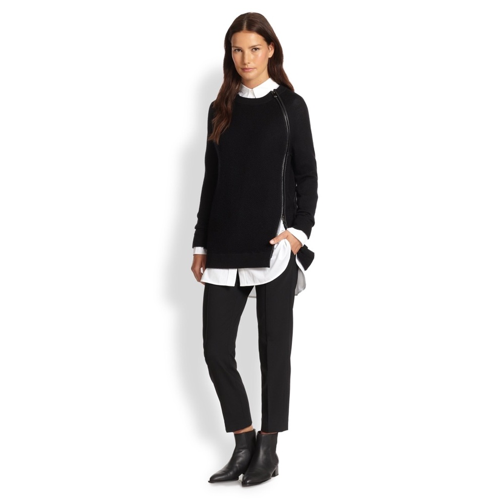 Vince S Black Leather Trim Zipper Textured 100% Wool Knit Sweater Pullover - Picture 12 of 14